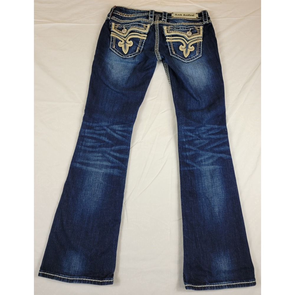 Rock Revival Kai Bootcut Jeans Dark Wash Distressed Thick Stitch Buckle 28x29 - Picture 5 of 11